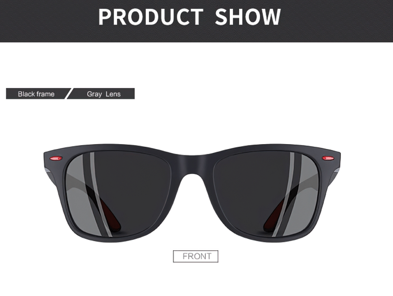 Square ultralight polarized sunglasses with black frame and gray lenses, front view. Unisex style SF0950.